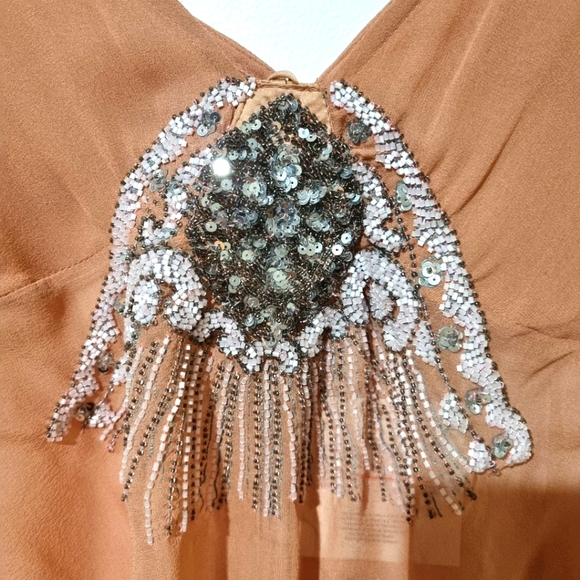 Nicola Finetti Size 10 Silk Peach Sheer Beaded Sequined Flutter Sleeve Top NEW - Picture 3 of 9